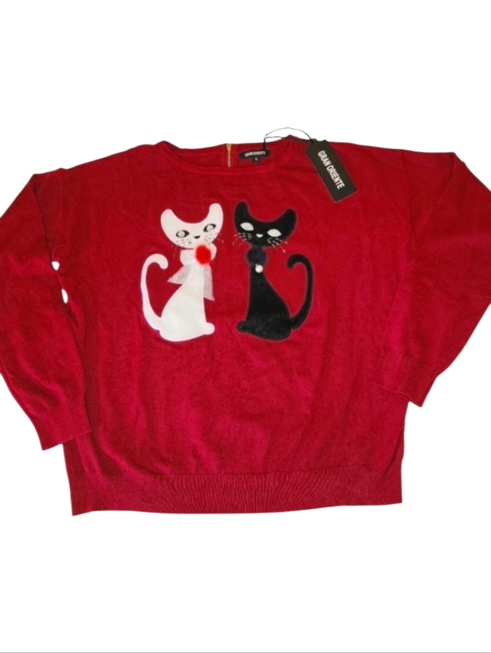 Gran Oriente Red Knit Sweater/ Cat Applique / Full Back Zipper Size Small